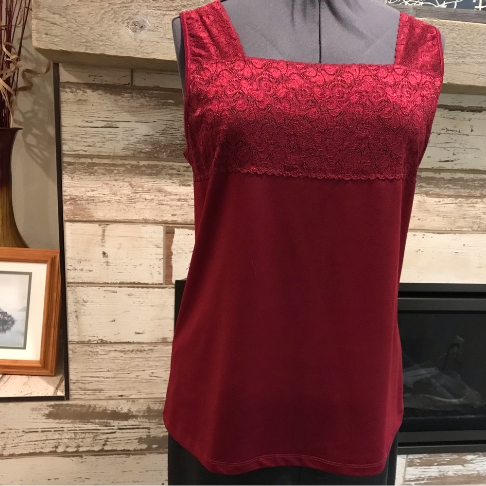 CJ Banks lace top tank top, 1X, burgundy red.